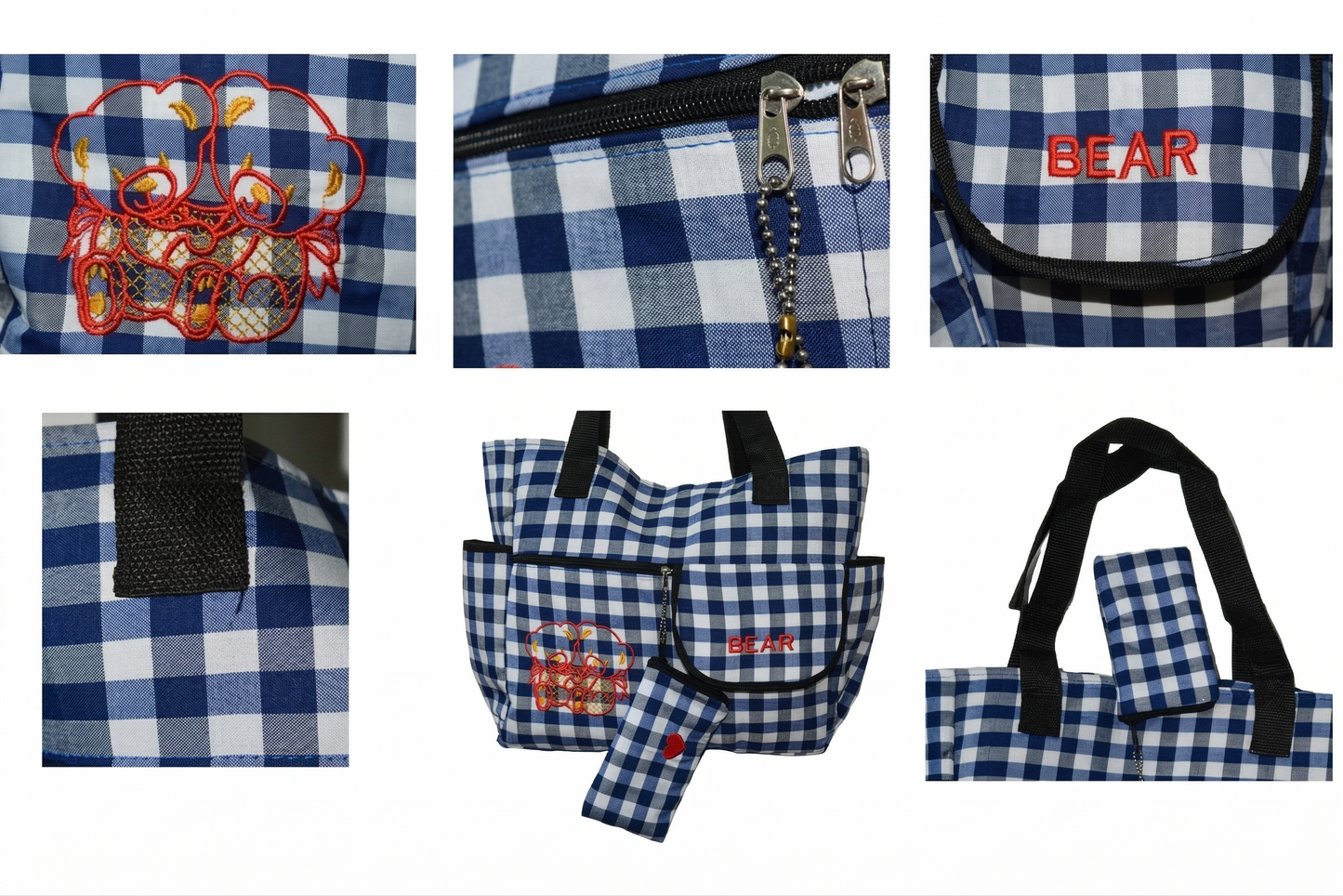 Blue Checkered Baby Diaper Bag with Pouch