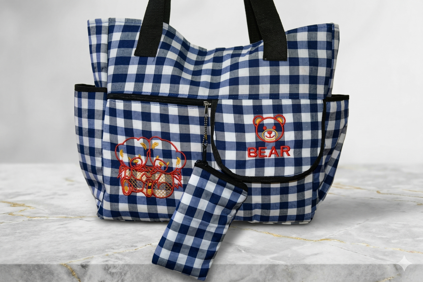 Blue Checkered Baby Diaper Bag with Pouch