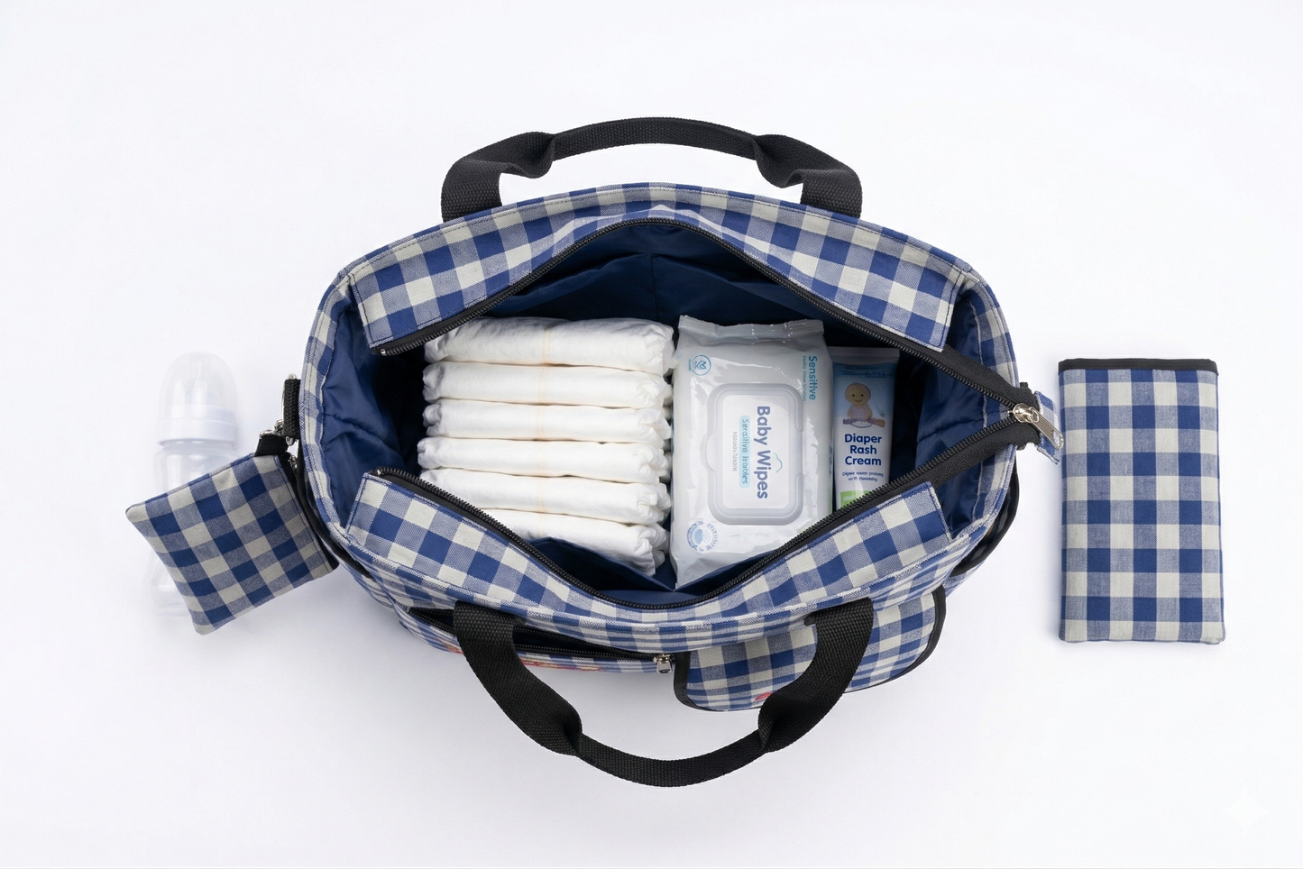 Blue Checkered Baby Diaper Bag with Pouch